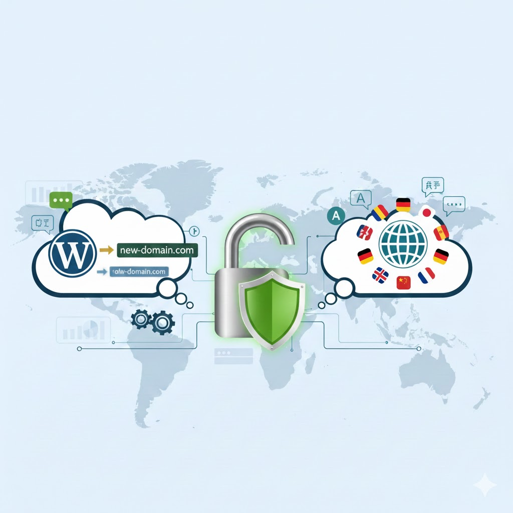 Hình ảnh minh họa quy trình thay đổi tên miền WordPress an toàn và giải pháp phát triển website đa ngôn ngữ chuyên nghiệp.